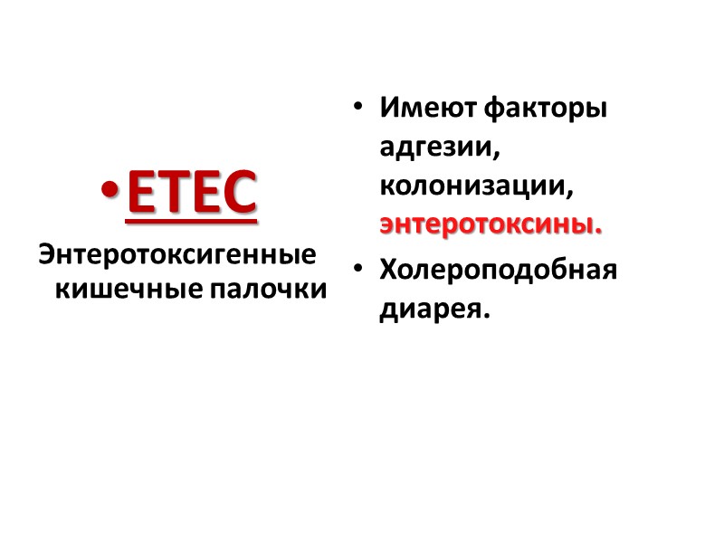 ETEC Энтеротоксигенные кишечные палочки Имеют факторы адгезии, колонизации, энтеротоксины. Холероподобная диарея.